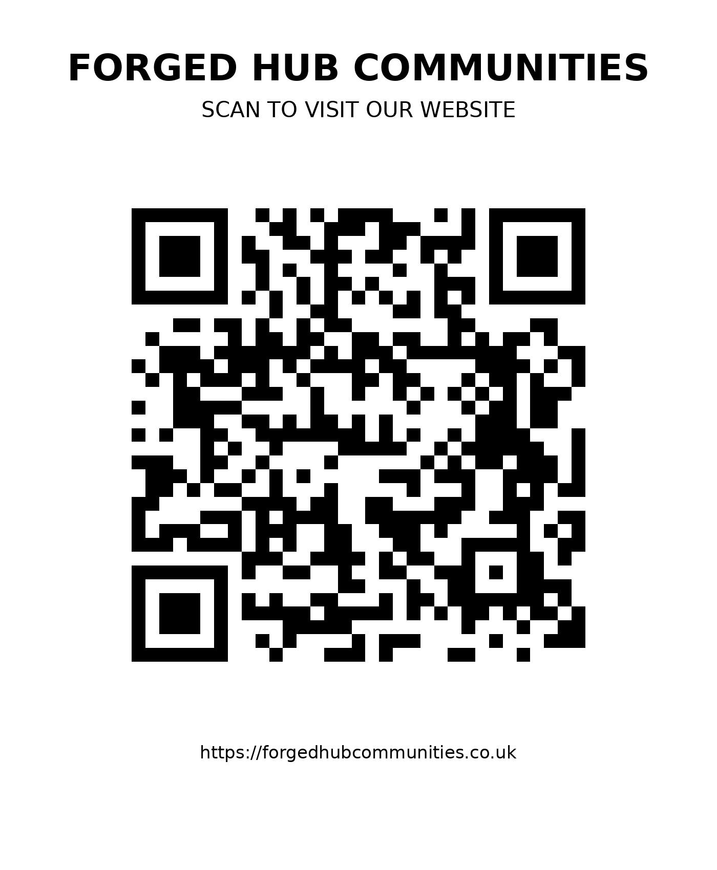 Forged Hub Communities poster with a QR code linking to the Forged Hub Communities website
