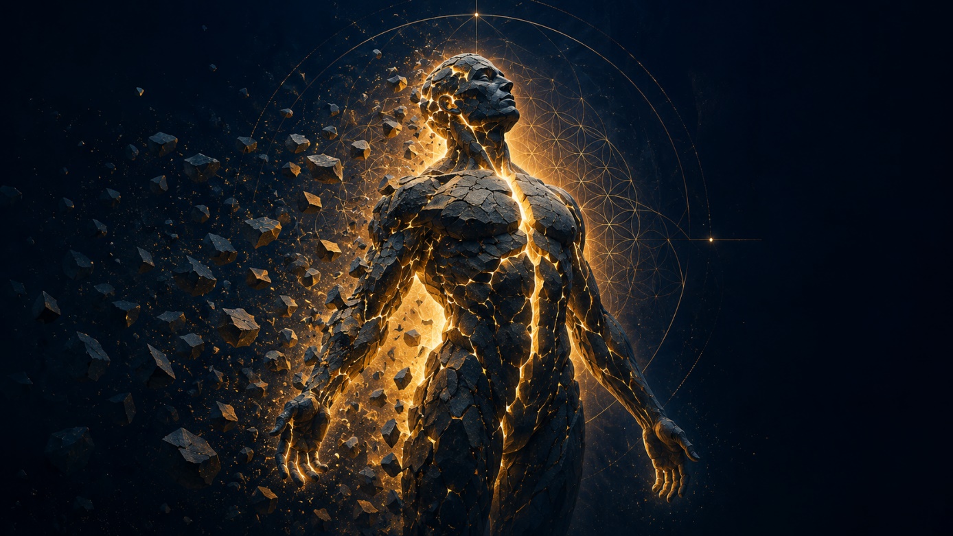 A powerful figure breaking through rock and glowing with strength